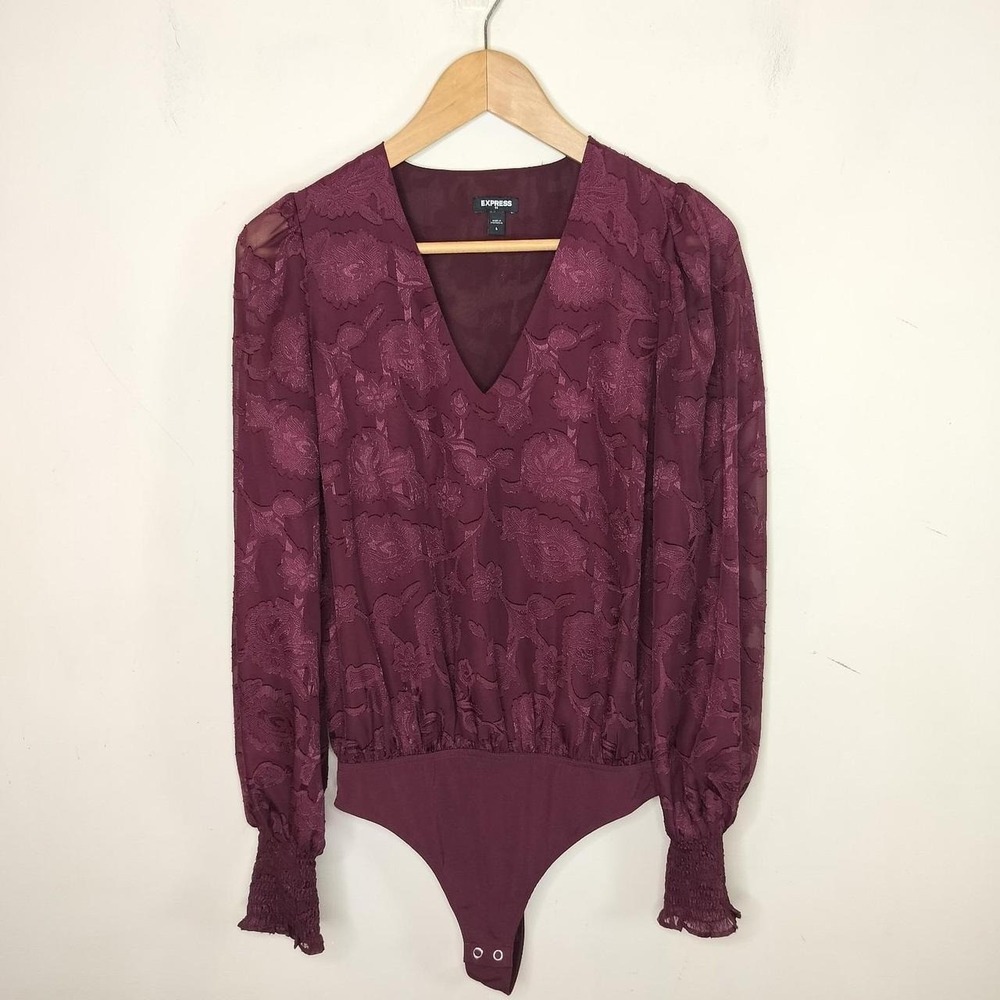 Express Floral Bodysuit Smocked Cuff Burgundy Dark Romantic